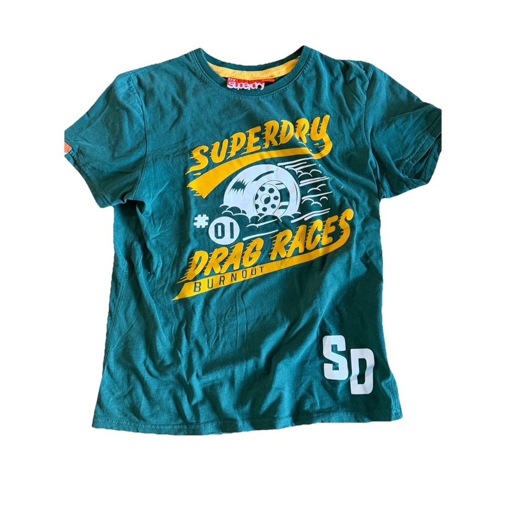 Superdry T-Shirt Men Green Drag Races Burnout 01 SD Crew Neck Medium Soft Thick - Picture 2 of 6